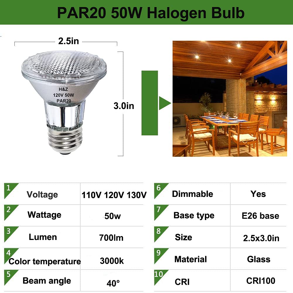 Par20 Halogen Light Bulb 120V 50W, 2 Pack High Brightness Par20 Flood, Dimmable Par 20 Warm White 3000K, Long Lifespan Bulb Par 20 E26 Base Great for Track and Recessed Lighting