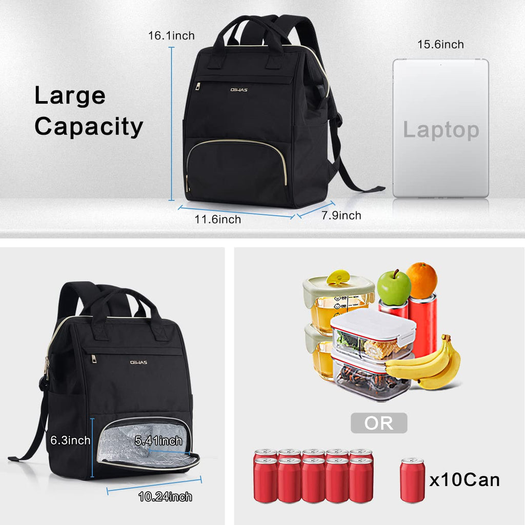 OIWAS Lunch Backpack for Women and Men, 15.6 inch Laptop Backpack with Insulated Compartment, Work Backpack with USB Port, Lunch Bag Suitable for Travel Work Picnics Hiking, Black