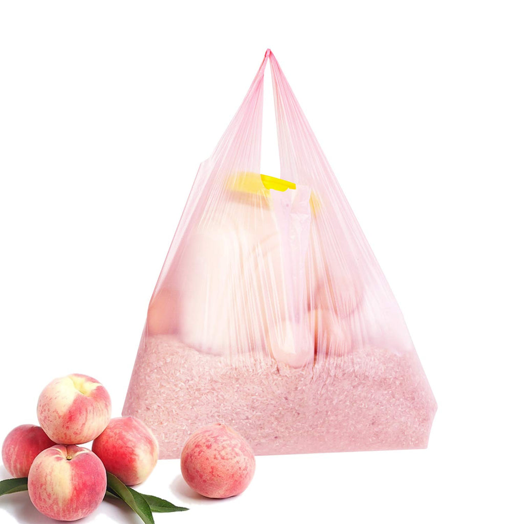 T Shirt Bags, Pink Plastic Bags with Handles for Grocery and Retail, Bolsas De Plastico Para Negocio, 12x20 Inches (200 pcs)