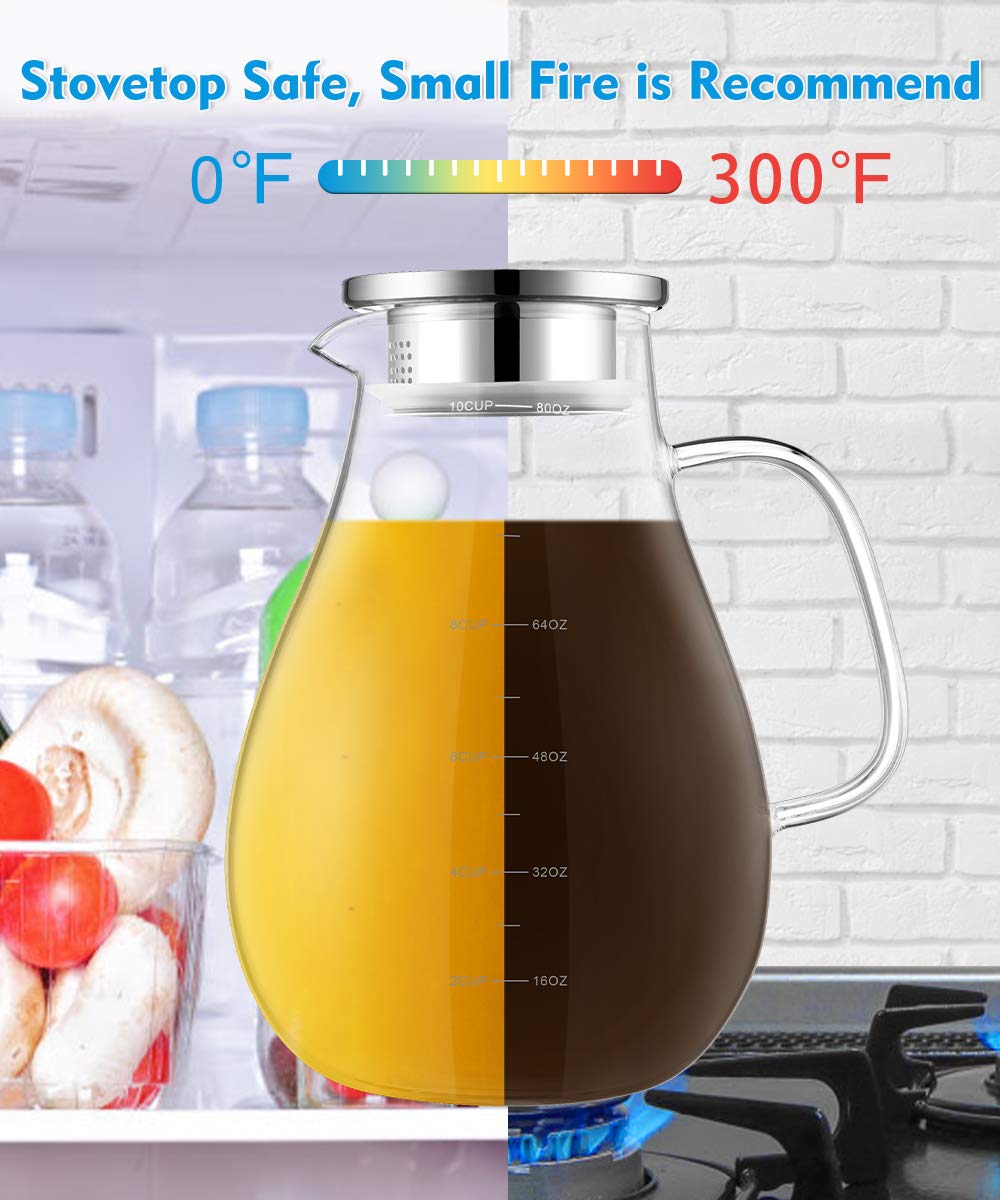 Glass Pitcher, veecom 80oz Water Pitcher with Lid, 2.4L Large Glass Pitcher with Lid and Spout for Hot&Cold Beverage, Juice, Iced Tea Pitcher for Fridge, Borosilicate Glass Carafe/Jug with Brush