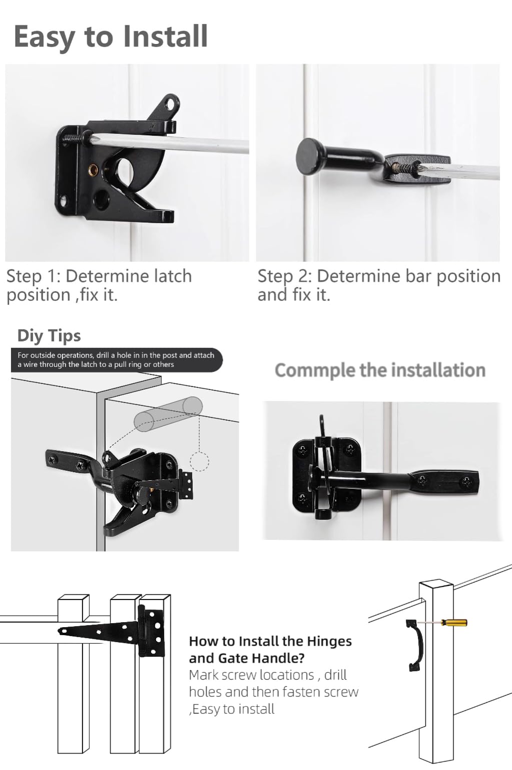 HOME MASTER HARDWARE 6" Gate Tee Hinge, Latch and Pull Set Gate Hardware Kit with Screws for Outdoor Fence Swing Gate Black Finish