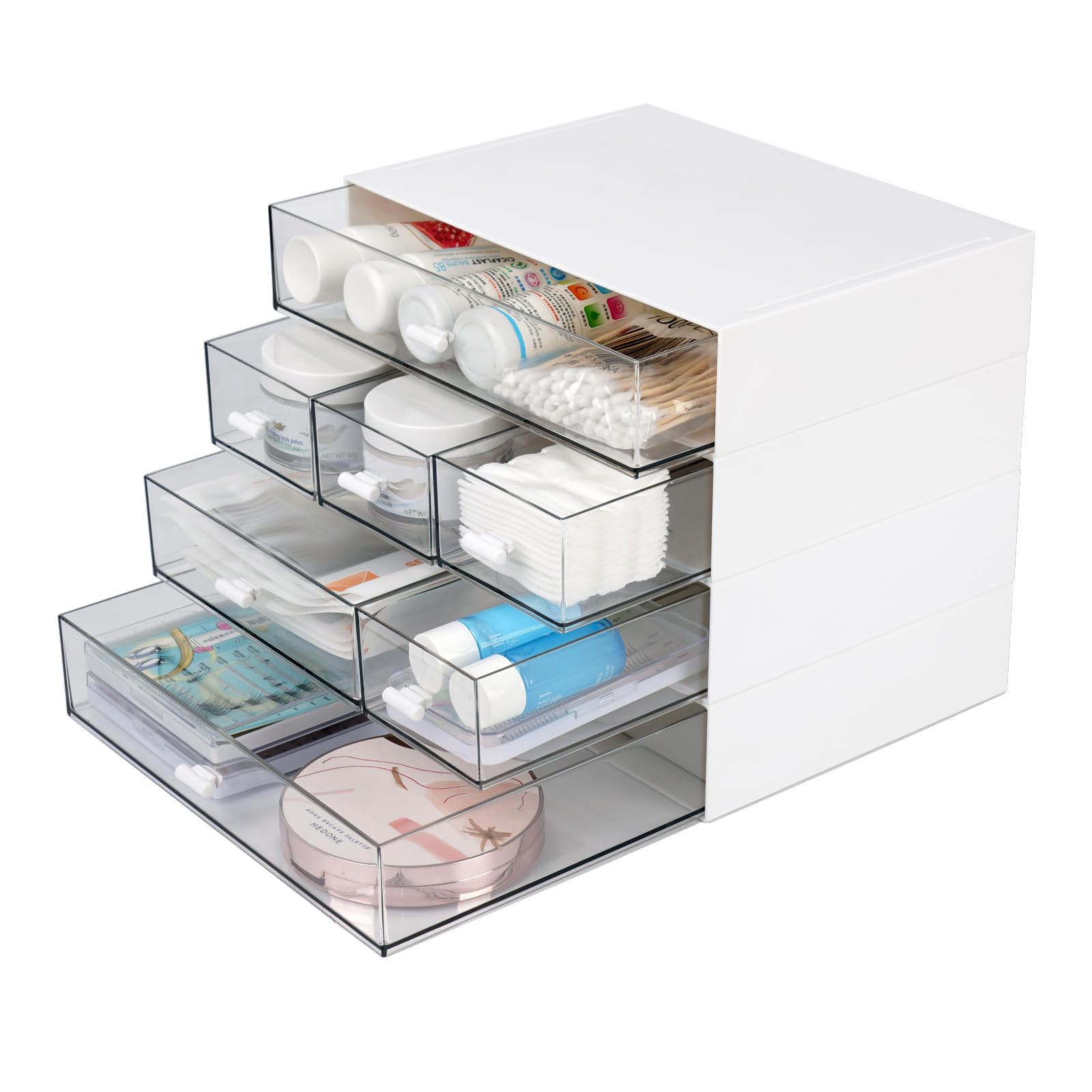 OSteed Desk Craft Organizer and Storage with 7 Flat Drawers, Stackable Plastic Desktop Accessories & Workspace Organizer for Office Stationary, Makeup Skincare, Sanitation Supplies, White