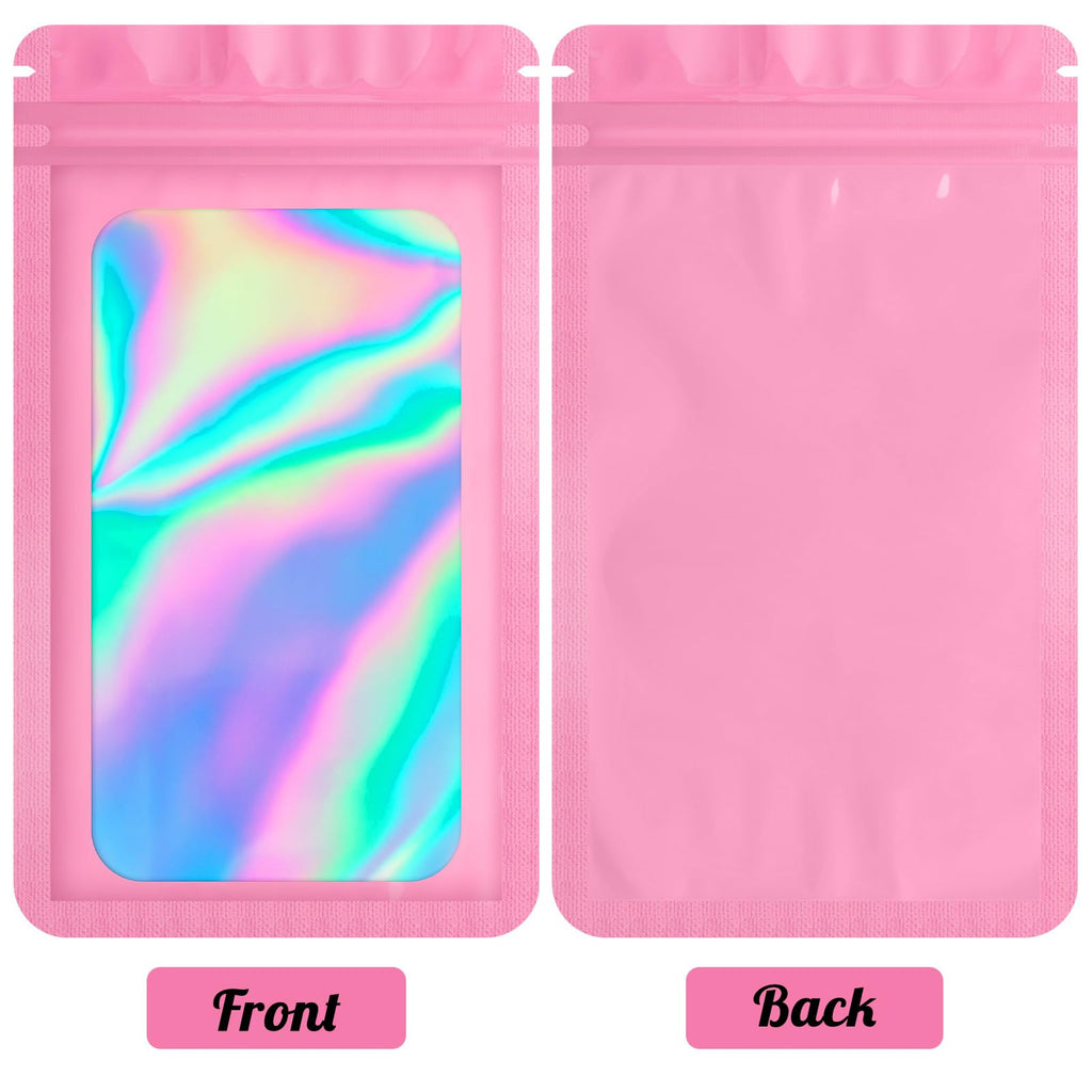 Durimoiy 100-pack mylar bags with clear window holographic resealable zipper sealable pouch bags candy,cookie,electronic supplies（4×6 inch,pink ）