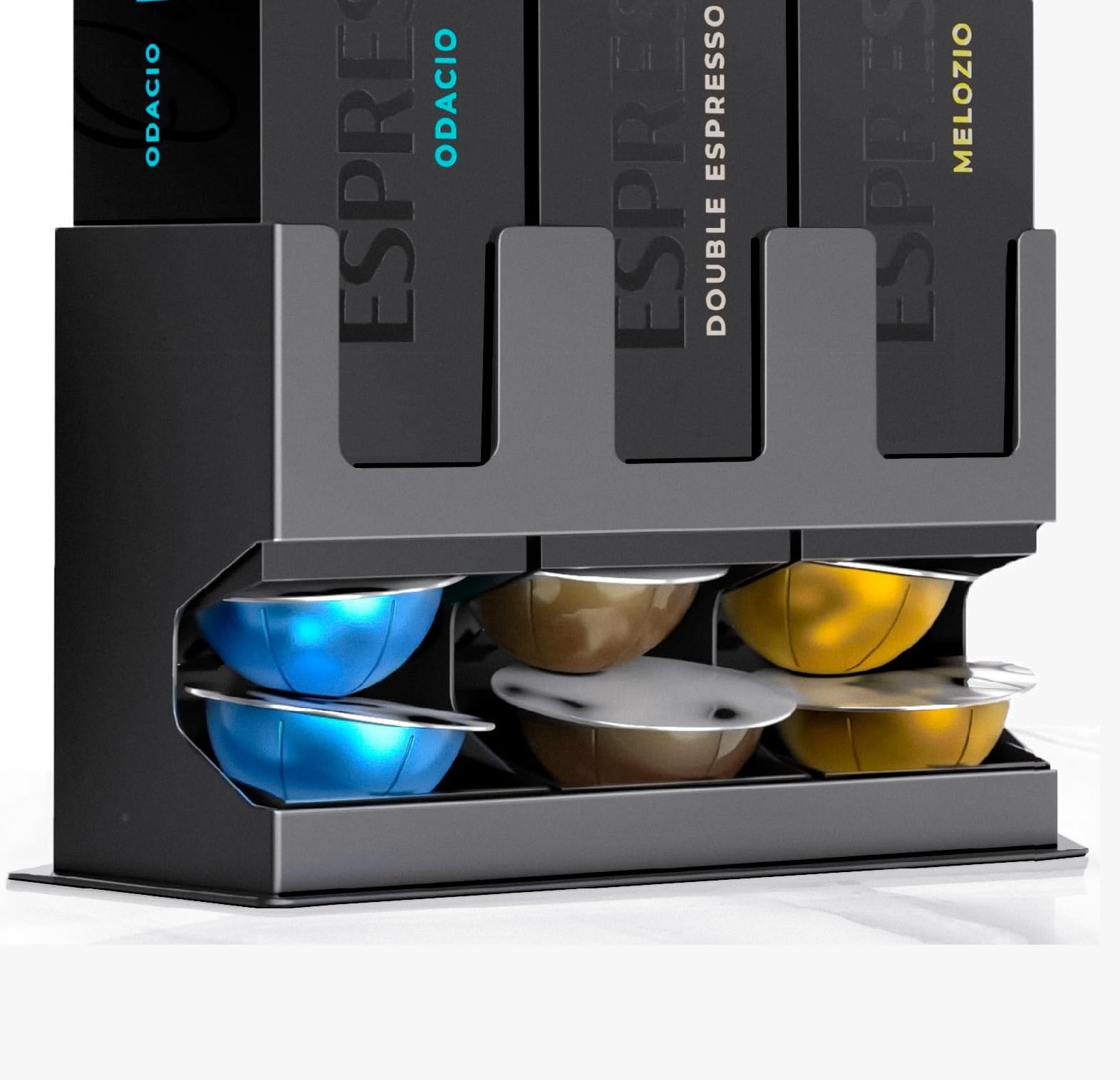GALVANOX Pod Dispenser Designed for Nespresso Vertuo Capsules (3 Box Sleeve Holder) Freestanding Countertop Organizer Stand, Non-Slip Steel Base, Dispenses 3 Coffee Flavors (30 Vertuoline Pods)