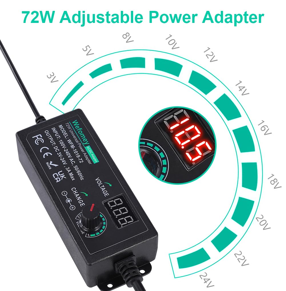 3V~24V 3A 72W Universal Power Supply 3V 5V 6V 9V 12V 15V 18V 20V 24V Adjustable Variable Switching AC/DC Adapter, 100V-240V AC to DC Converter with 14 Tips & Polarity Converter & Test Lead, 3 Prong