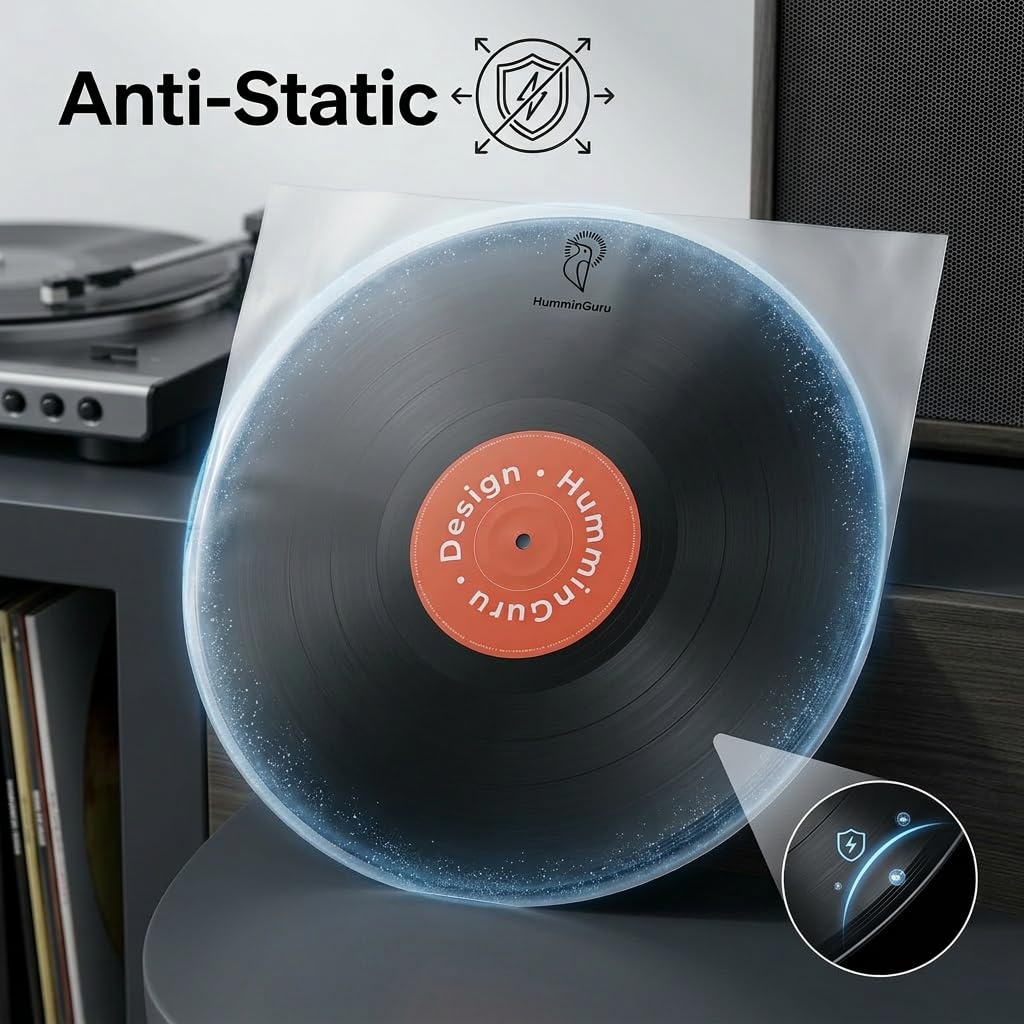 HumminGuru Vinyl Record Inner Sleeve 12 Inch, Acid Free & Anti Static Vinyl Sleeves, 1.5Mil Archival HDPE Inner Record Sleeve, Round Bottom LP Easy Insertion for Album Cover, 50 Pack(12“Inner Sleeves)