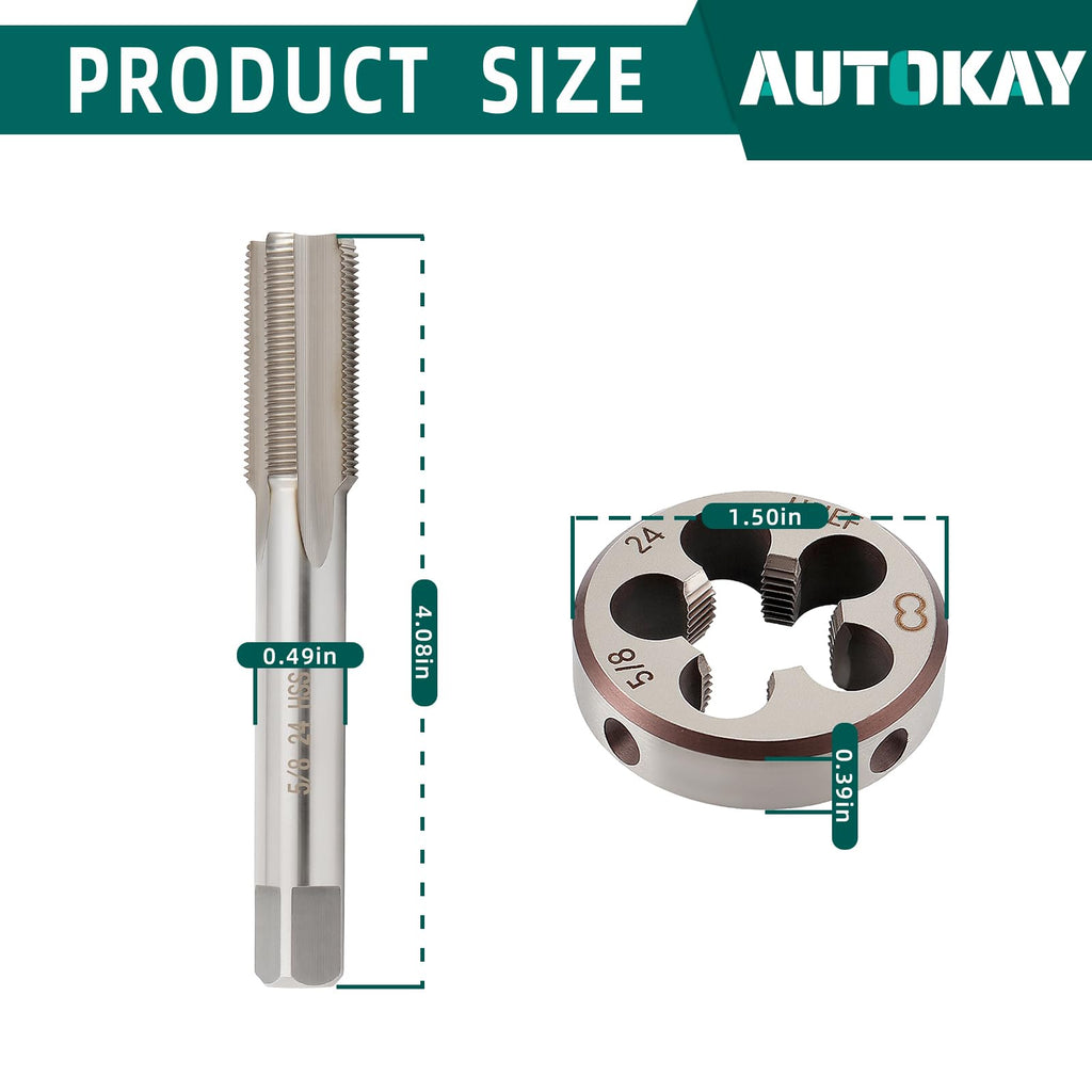 AUTOKAY 5/8"-24 UNEF HSS Tap and Die Set Tap and Round Machine Threading Die Right Hand (5/8x 24)
