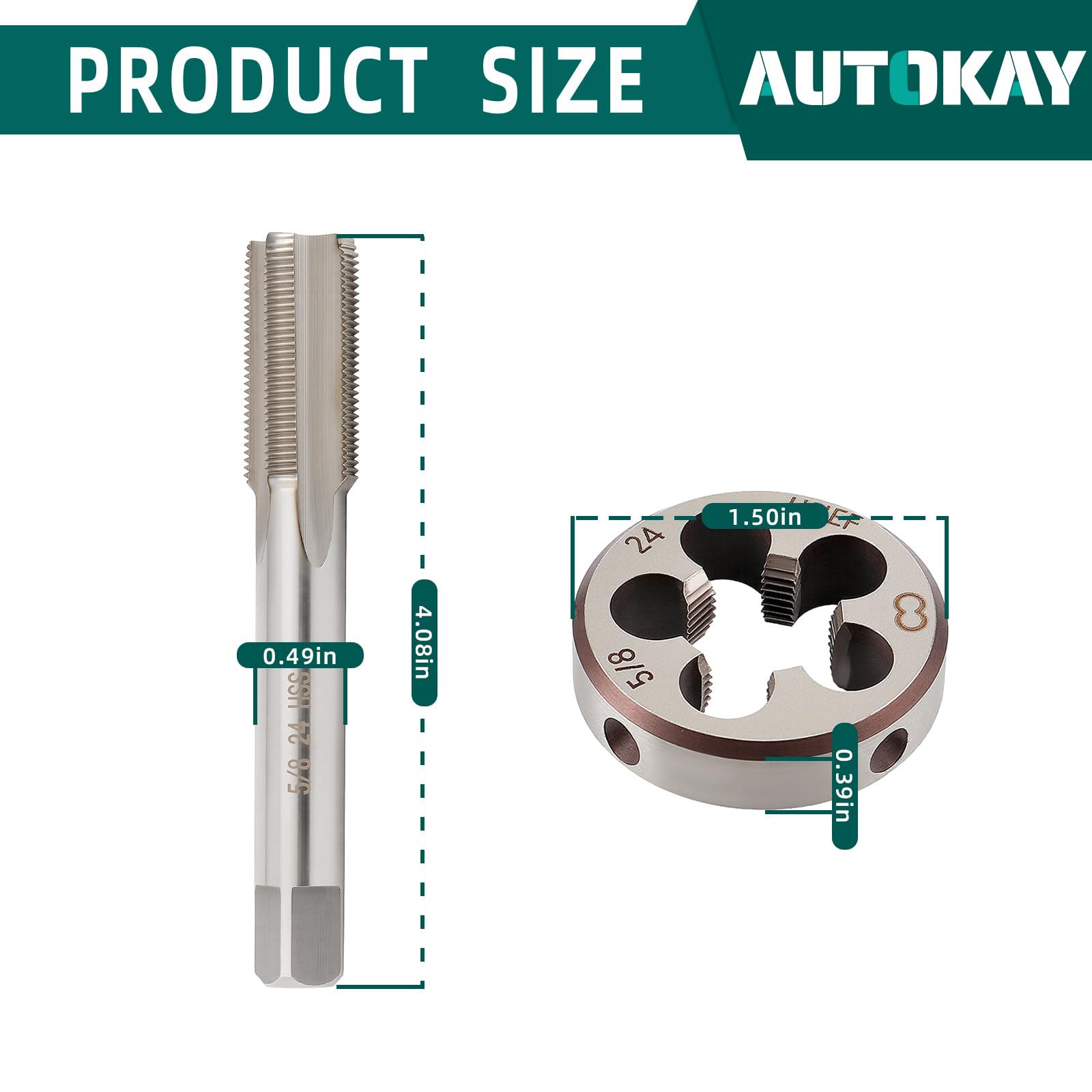 AUTOKAY 5/8"-24 UNEF HSS Tap and Die Set Tap and Round Machine Threading Die Right Hand (5/8x 24)