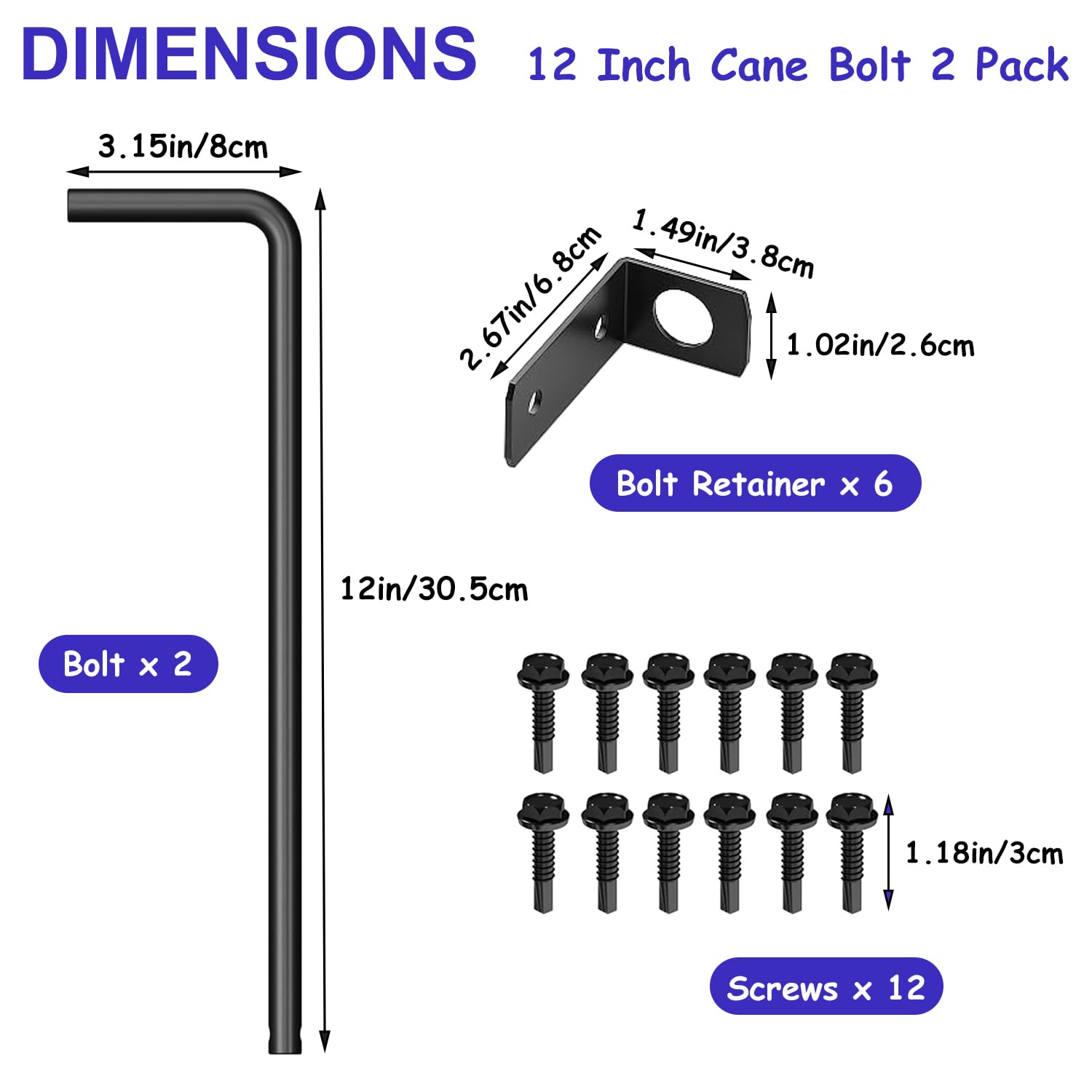 Matomtak 2pcs 12 Inch Heavy Duty Cane Bolt Gate Drop Rod Extra Thick Hardware Ground Latch Dia of 19/32" Gate Bolt for Wood PVC Vinyl Metal Fences Gates