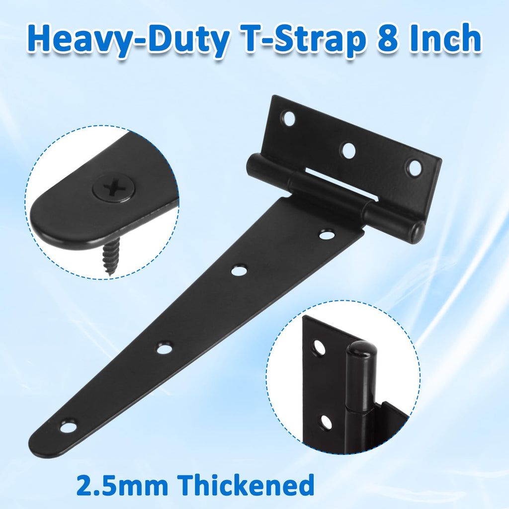 4 Pack T-Strap Hinges 8 Inch Gate Hinges Heavy Duty Barn Door Hinges, Thickened 20cm Shed Door Hinges, Black Metal Fence Hinges for Wooden Fences, Shed Door, Windows Garden Cabinet Door