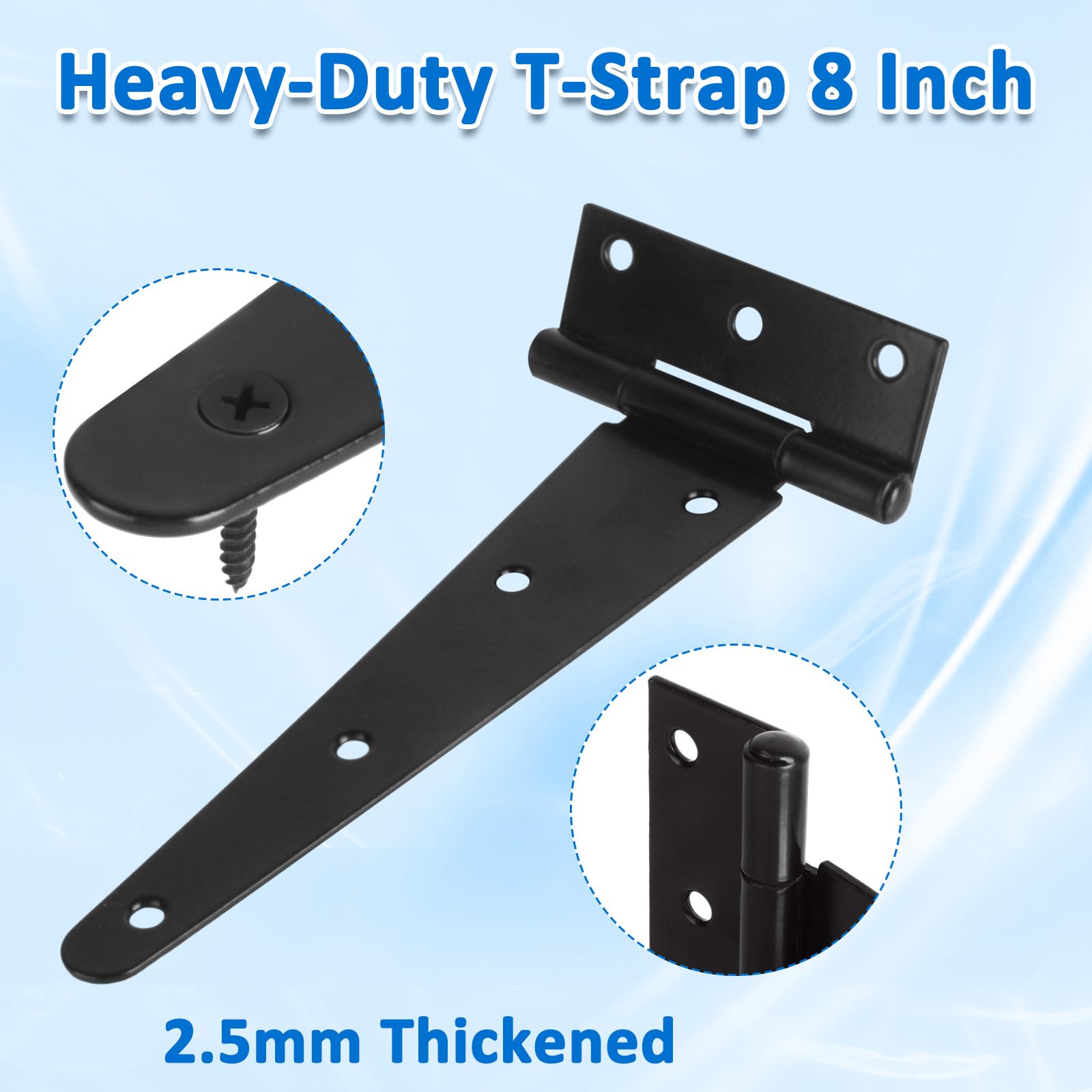 4 Pack T-Strap Hinges 8 Inch Gate Hinges Heavy Duty Barn Door Hinges, Thickened 20cm Shed Door Hinges, Black Metal Fence Hinges for Wooden Fences, Shed Door, Windows Garden Cabinet Door