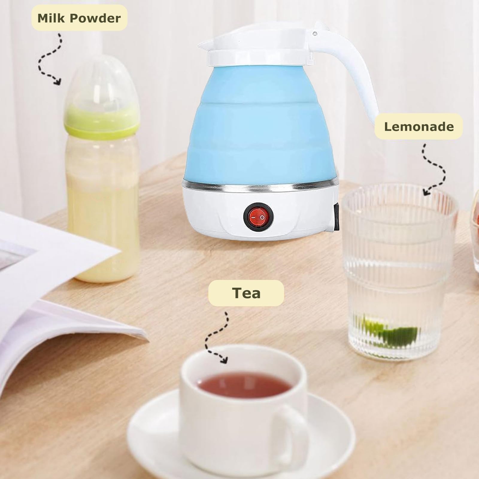 MICOKAY Portable Electric Kettle, Travel Foldable Kettle with Silicone Electric, Insulation Heating Boiler Tea Pot for Camping, 600ml (Blue)