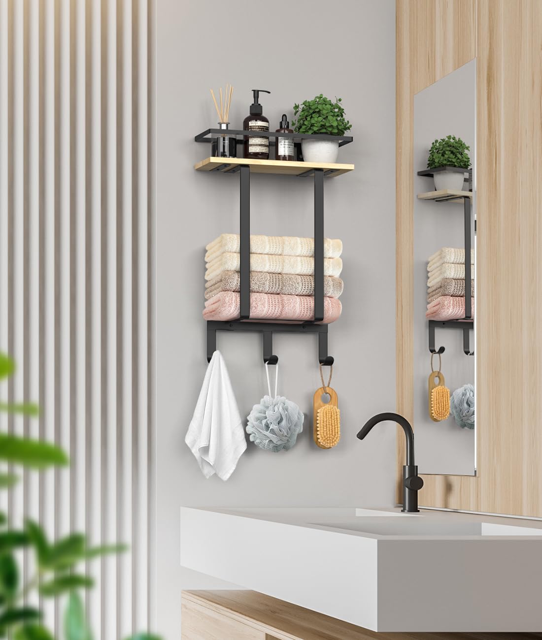 Luxspire Towel Racks for Bathroom Wall Mounted, Towel Holder Wall Mounted with Wooden Floating Shelf & 3 Metal Hooks, Rolled Towel and Hand Towel Rack for Bathroom, Black + Wood