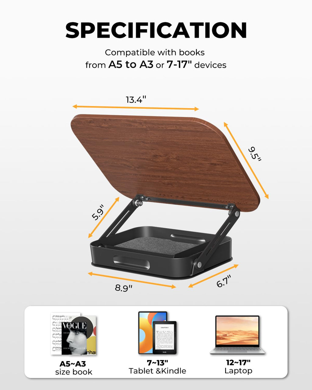 Adjustable Book Stand with Storage Drawer, 360° Rotating Book Holder, Height & Angle Adjustable, Extra-Wide Page Clips for Thick Books, Wood & Aluminum Book Stand for Desk, Study, Kitchen