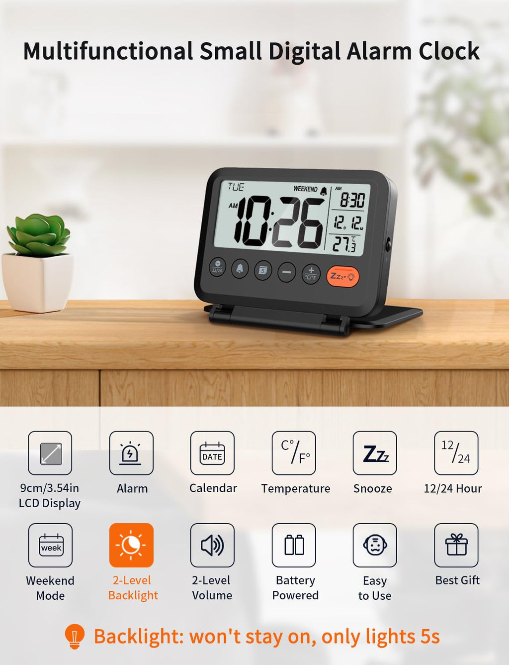 MeesMeek Digital Travel Alarm Clock: Small Bedside LCD Clock with Date Temperature Snooze Backlight 12/24H Weekend Mode and 2 Volume, Desk Clock for Kids Office Bedroom, Battery Included (Black)