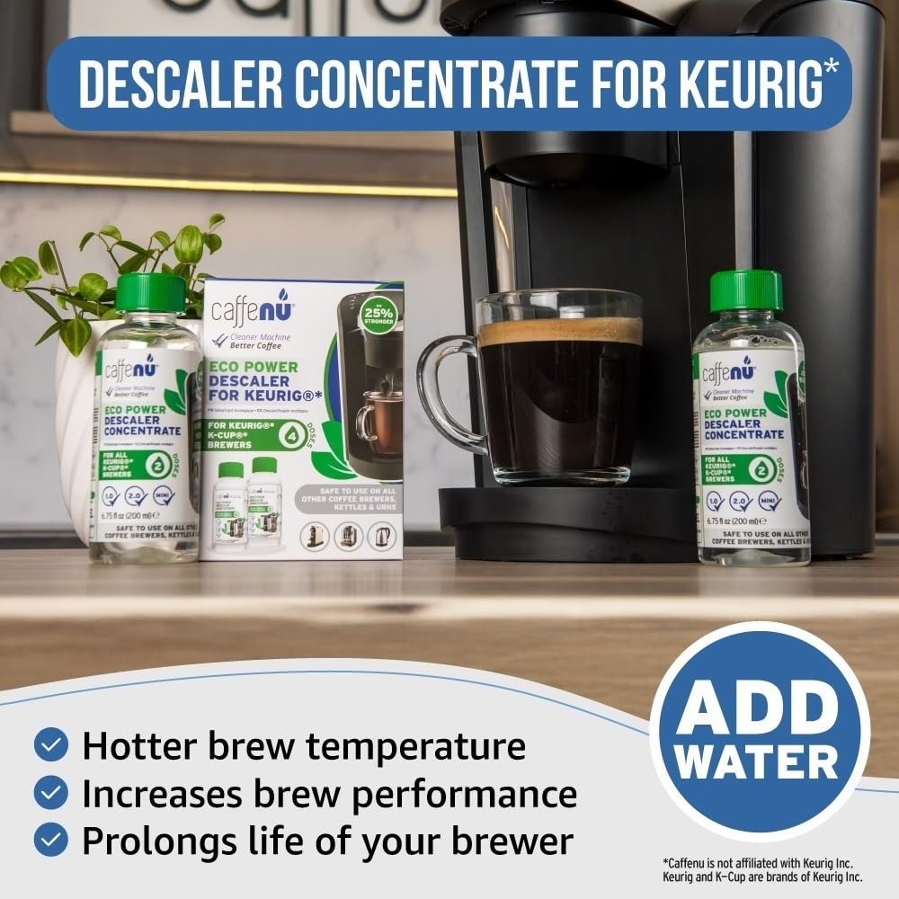 Keurig Compatible Descaling Solution. 2 Bottles of Descaler Solution. Descaling Kit Removes Limescale For Hotter Coffee. 4 Uses Descaler For Keurig Coffee Machines.