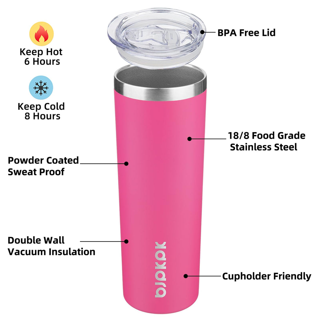 BJPKPK 2 Pack 20oz Skinny Tumblers with Lid Insulated Travel Coffee Cup Stainless Steel Thermal Mug,Turquoise,Pink
