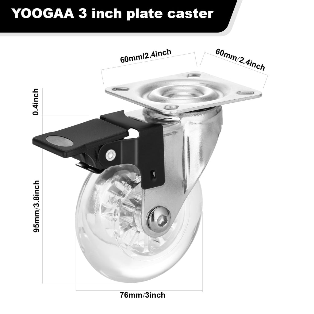 Clear Caster Wheels 3 Inch Casters Set of 4 Heavy Duty, Locking Industrial Casters with 360 Degree No Noise Transparent Polyurethane Wheels, Swivel Plate Casters with Brake - Pack of 4