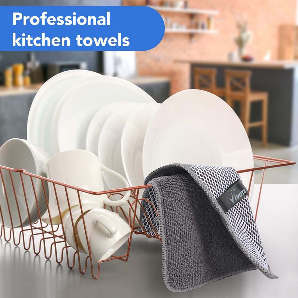 VIVOTE Microfiber Cleaning Cloths Washable Dishcloths with Polyester Mesh Scrubbing Edge Dishcloths, Kitchen Household Wipes Kitchen Dish Cloth,6pcs,20cmx20cm (Grey)