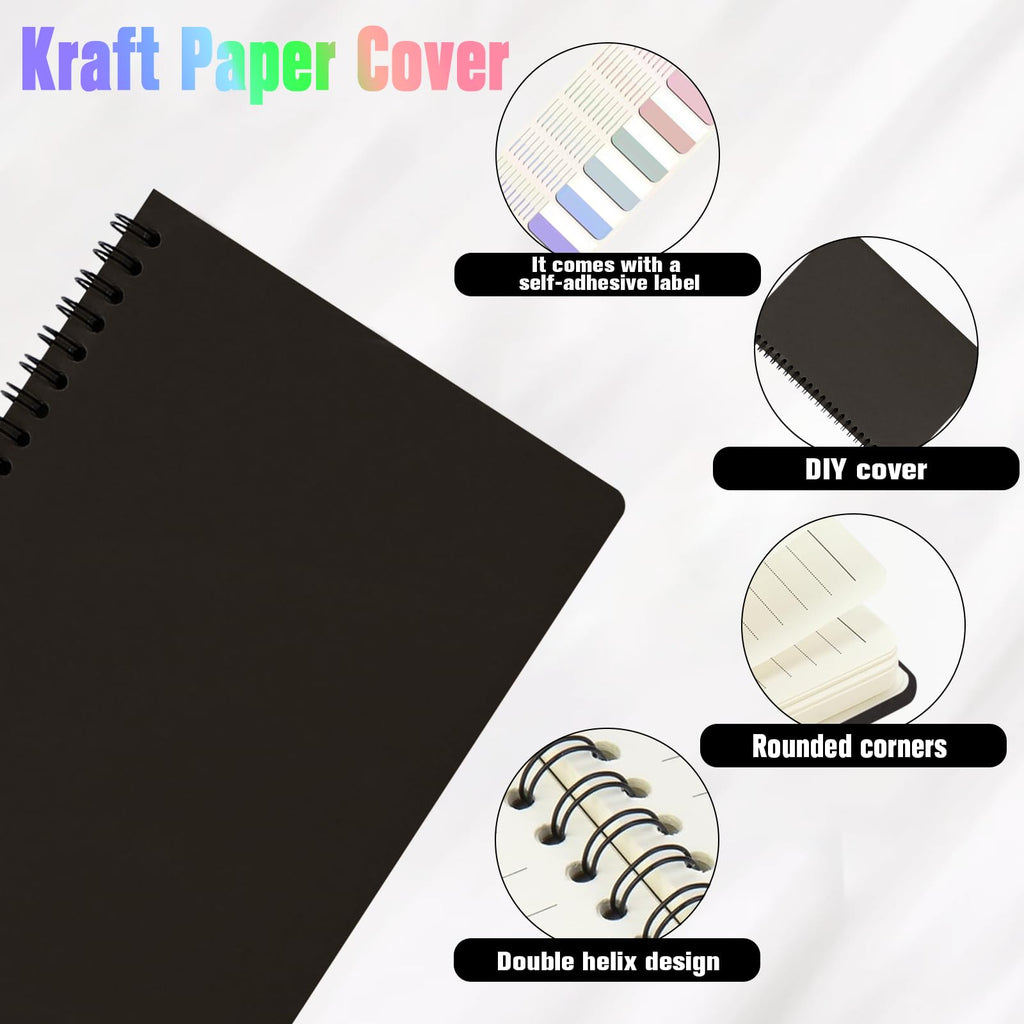 6Pack Spiral Notebook with 10pcs Sticky Tabs,A5 Lined Notebooks120 Pages,Hardcover Notebook for Women Men,Coil Notepad,5.5" x 8.3",Lined Paper for Work, School,Office（Black）