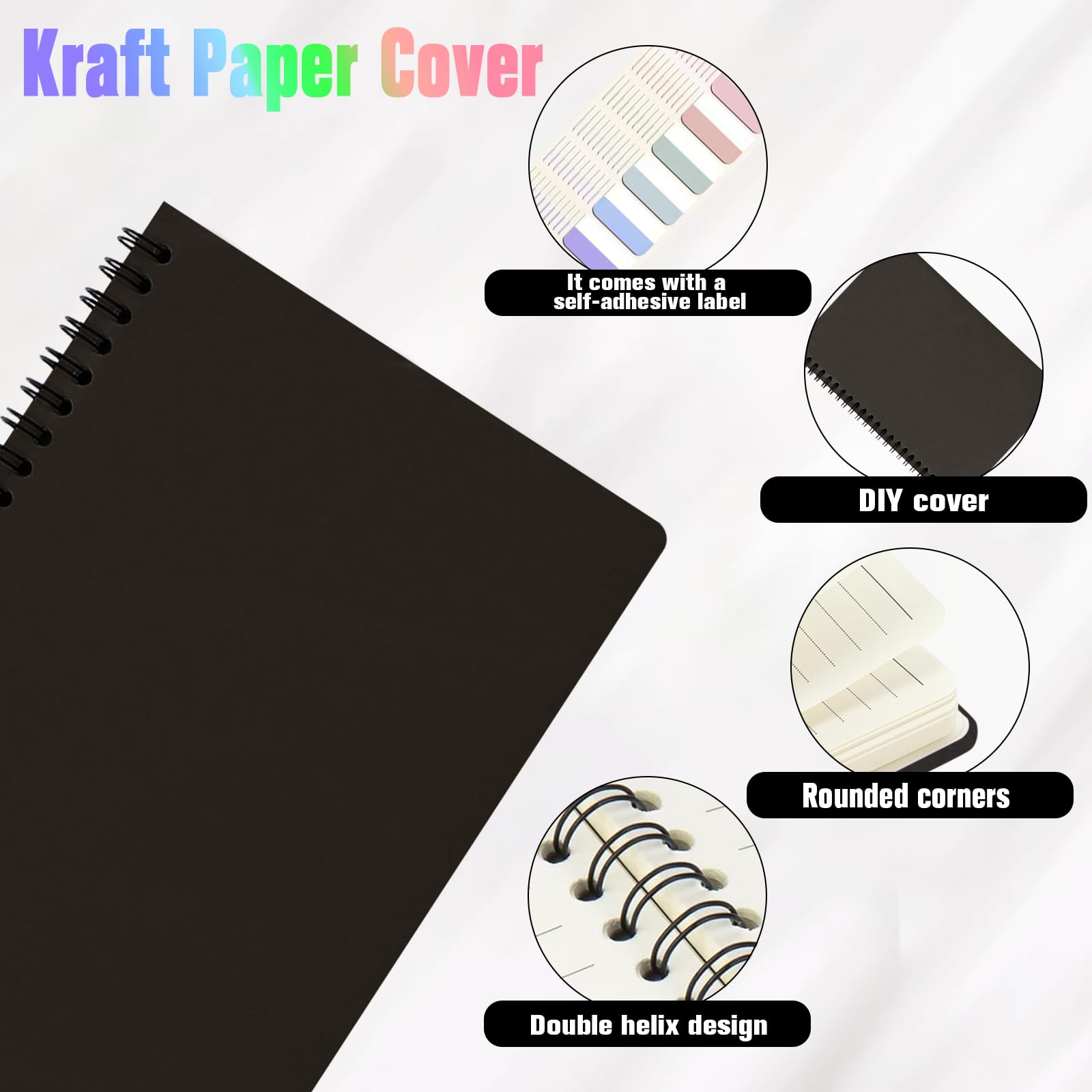 6Pack Spiral Notebook with 10pcs Sticky Tabs,A5 Lined Notebooks120 Pages,Hardcover Notebook for Women Men,Coil Notepad,5.5" x 8.3",Lined Paper for Work, School,Office（Black）