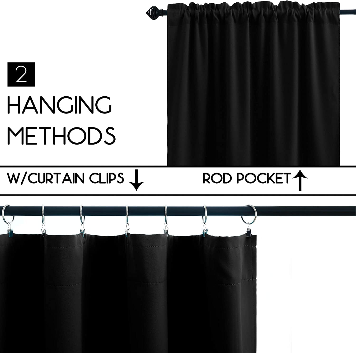 Pickluc 24 Inch Long Tier Curtains for Small Window, Short Blackout Curtain with Rod Pocket - Half Window Curtains for Kitchen, Cabinet, Basement, Camper, 2 Panels, Black, 30 Inches Wide