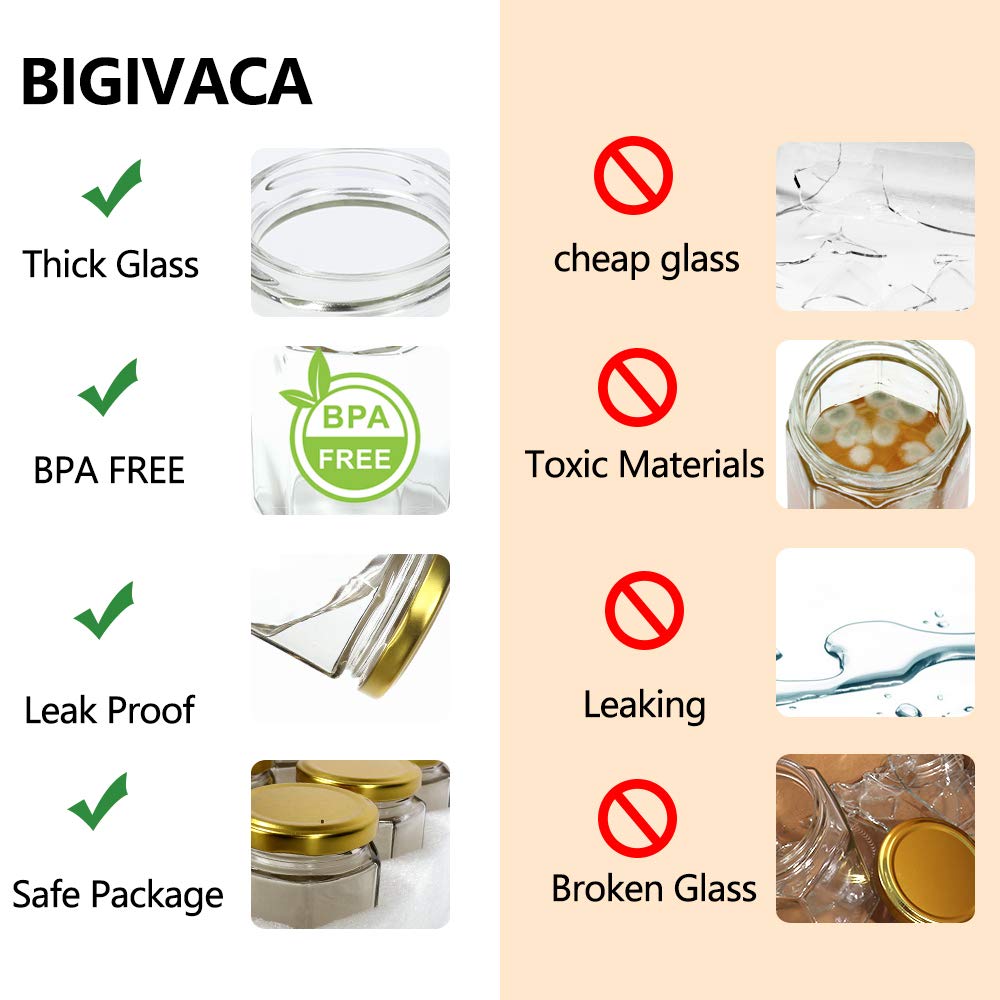 BIGIVACA 30 Pack 3 oz (90 ml) Hexagon Glass Jars with Gold Lids – Clear Mini Mason Jars for Canning, Honey, Jams, Herbs, Wedding Favors, Crafts – Includes 1 Pen + 80 Labels
