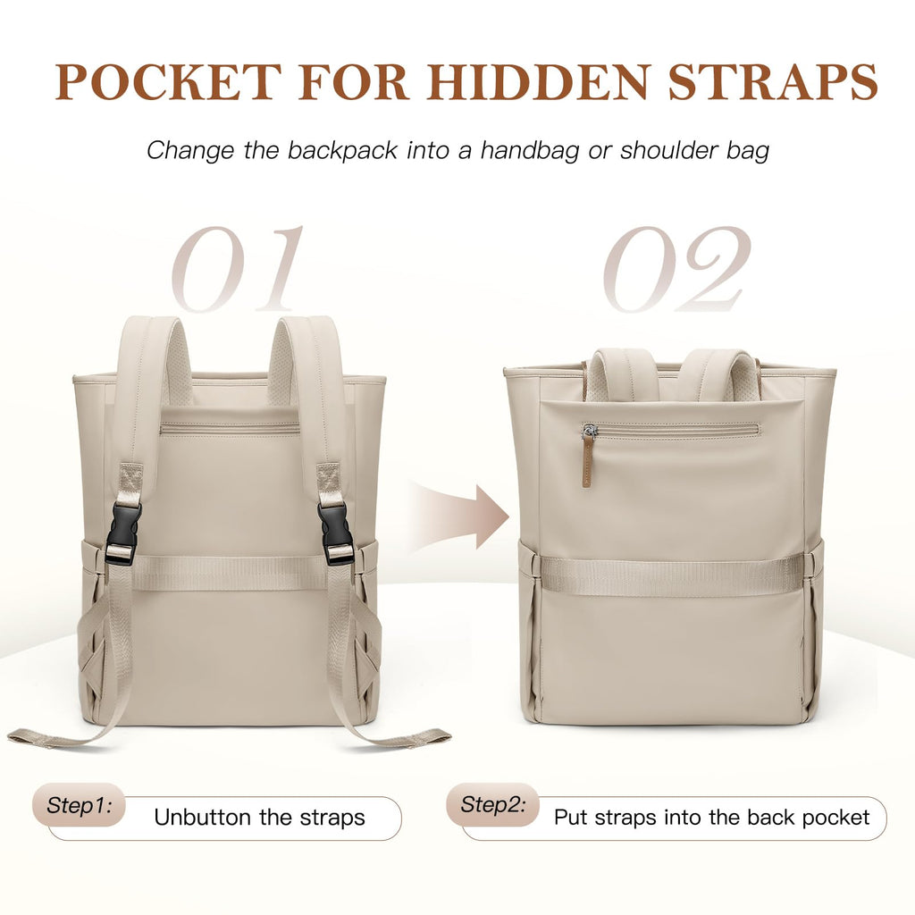 GOLF QUALITY Convertible Laptop Backpack for Women Men Carry on Tote Backpack Teacher Bookbag for College Work Nurse Travel Leisure,16 Inch,Apricot