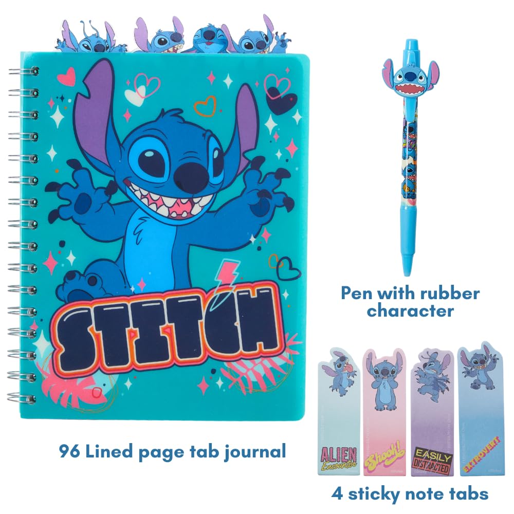 Disney Stitch Tab Journal Spiral Notebook, Ballpoint Pen, Sticky Tabs, 96 Lined Pages, Blue