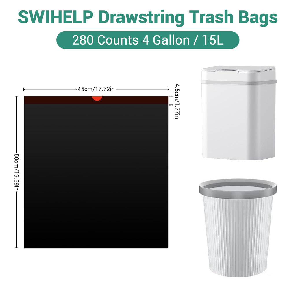 SWIHELP Drawstring Trash Bags 280 Counts 4 Gallon Garbage Bags 15 Liters Plastic Trash Can Liners Waste Basket Bin Liners