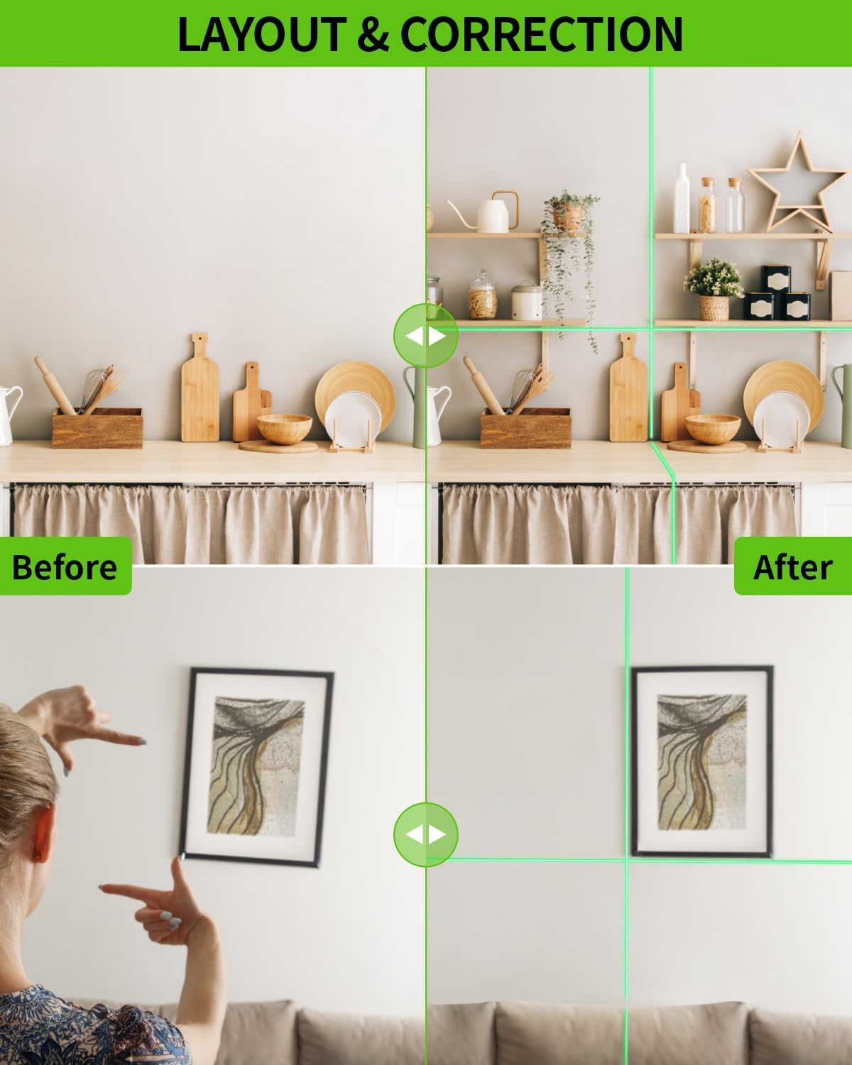 Firecore Cross Line Laser Level Self Leveling, DIY Indoor Green Beam Lazer Leveler Tool with IP54 Rating, Niveau Laser for Hanging Pictures Wall Painting Cabinet Shelves Light Installation