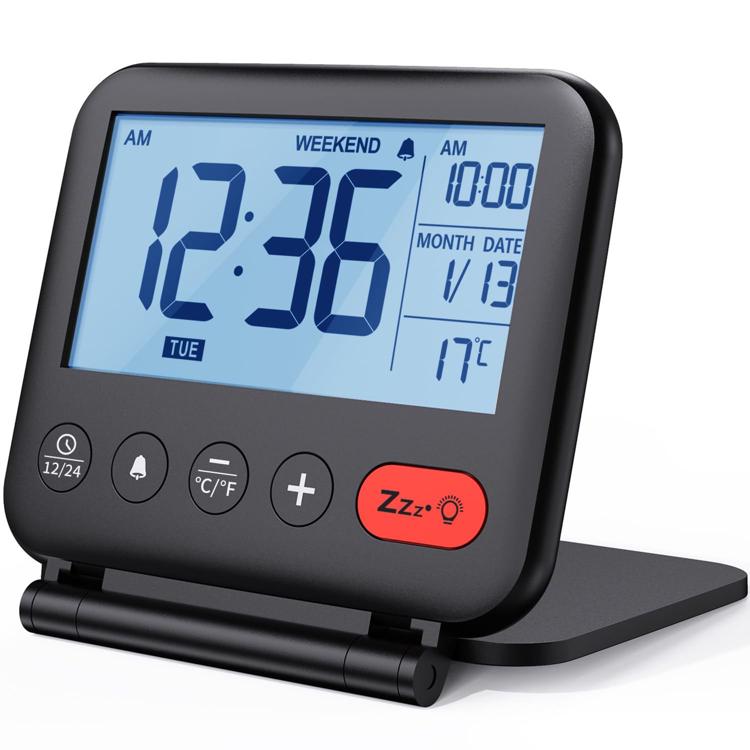NOKLEAD Digital Travel Alarm Clock - 3.23 inch LCD Display, Temperature, 9-Minute Snooze, 10s Backlight, Battery Included (Black)