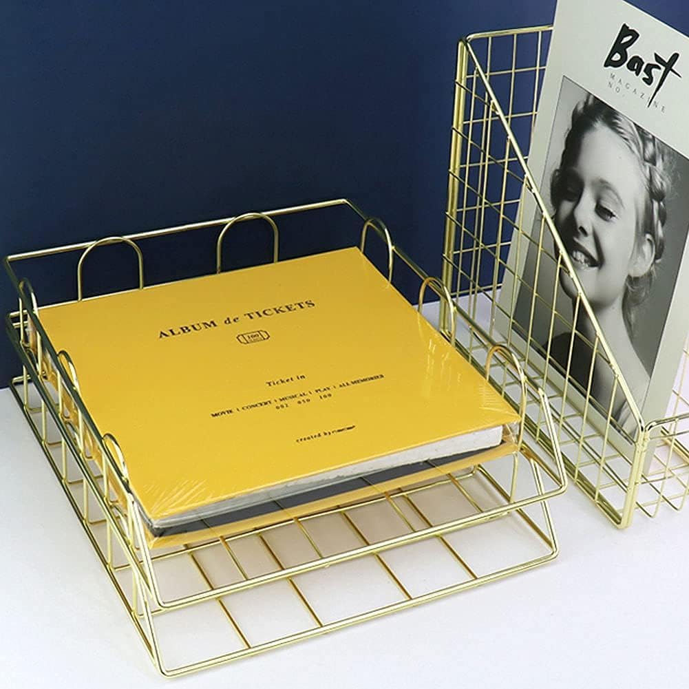 BUDOME Metal Letter Tray, 2 Tier Desk Organizers, Stackable Paper Tray, Desk File Folders Organizer, Document Holder, Magazine Storage for School Home Office Supplies Storage (Golden)