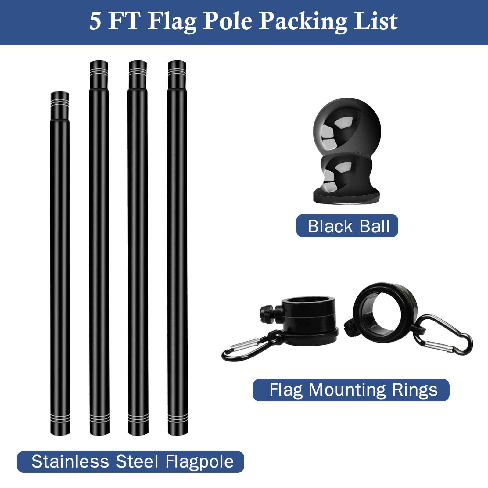 NQ 5 FT Flag Poles for Outside House, Flag Poles Outdoor for Porch, Yard, House Flag Pole, Heavy Duty Flagpole (Black, Without Flag Holder)