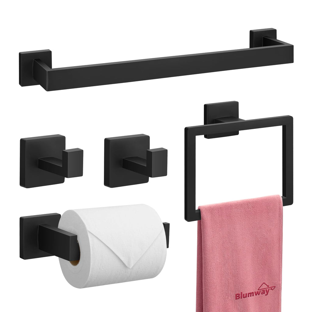 BlumWay 5-Pieces Matte Black Bathroom Accessories Set, 16 Inch Bathroom Hardware Set, SUS304 Stainless Steel Bath Towel Bar, Toilet Paper Holder,Towel Racks for Bathroom Wall Mounted