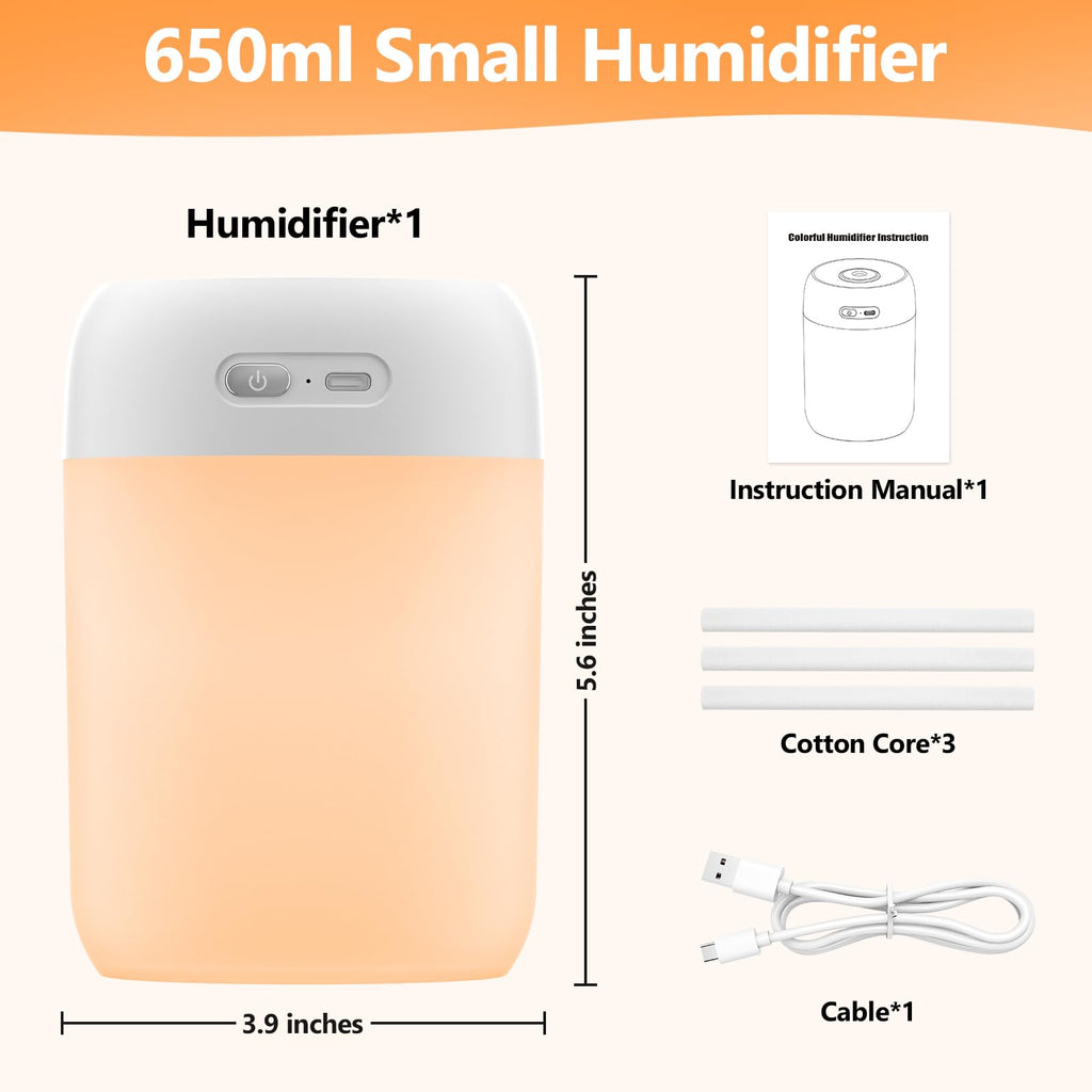BAMCOO Small Humidifier, 650ml Colorful Mini Humidifier for Bedroom, Office, Desktop, Baby Room, Plants, Cool Mist Humidifier(White)