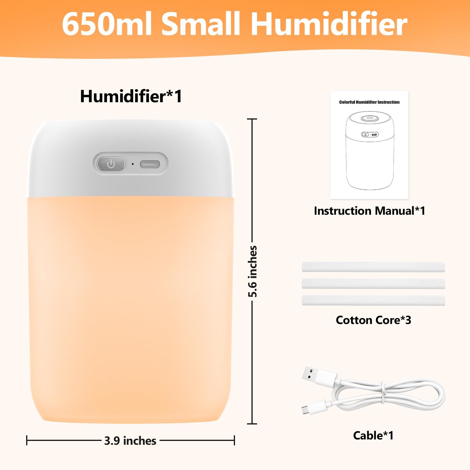 BAMCOO Small Humidifier, 650ml Colorful Mini Humidifier for Bedroom, Office, Desktop, Baby Room, Plants, Cool Mist Humidifier(White)