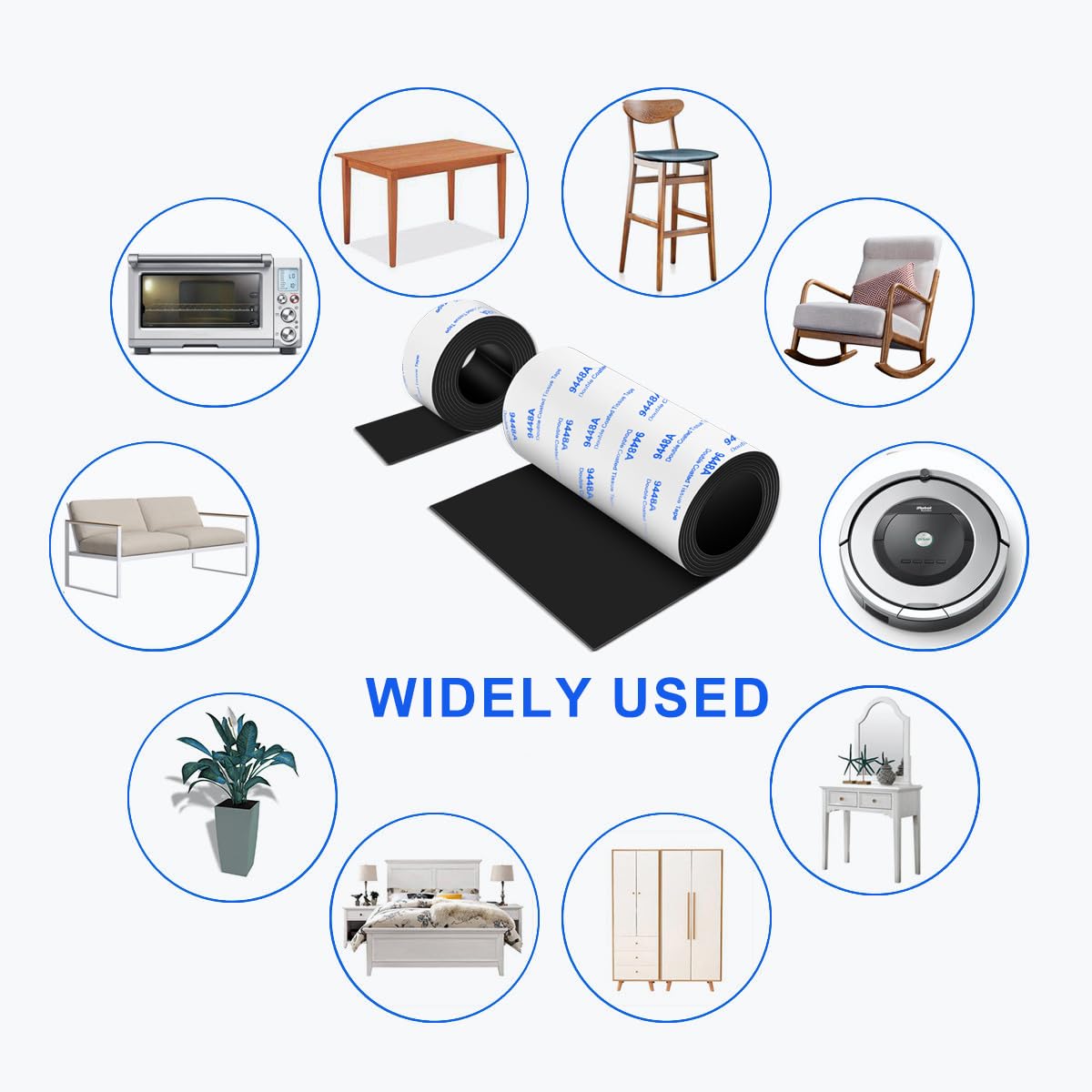 Non Slip Furniture Pads, 2 Rolls Non Skid Rubber Pads Black, Rubber Tape, Adhesive Rubber Strips for Any Furniture and Appliances 4x40 inch+1x40 inch