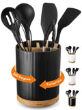 LoeJan 3 Compartment Utensil Holder, 7.2" Extra Large Utensil Crock, Stable Ceramic Utensil Organizer, Cooking Tool Organizer Set for Kitchen Counter Farmhouse Décor