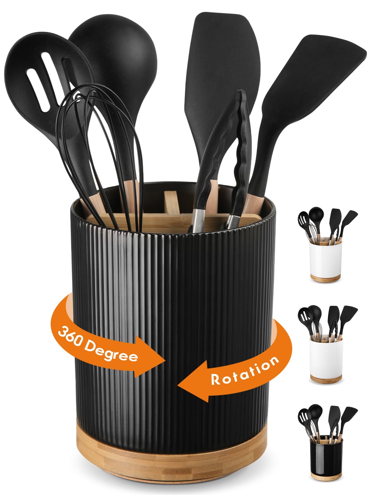 LoeJan 3 Compartment Utensil Holder, 7.2" Extra Large Utensil Crock, Stable Ceramic Utensil Organizer, Cooking Tool Organizer Set for Kitchen Counter Farmhouse Décor