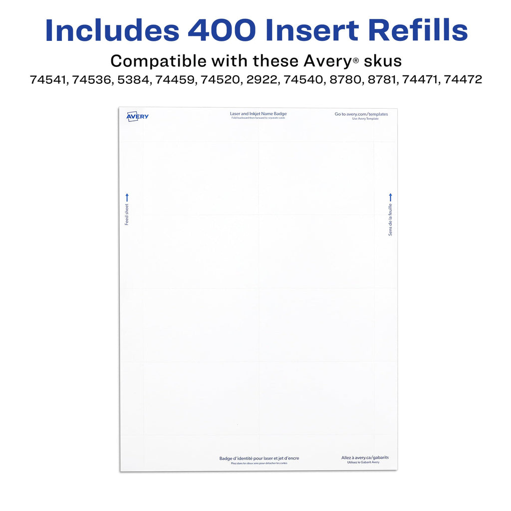 Name Badge Insert Refills, Cardstock, 3" x 4", White