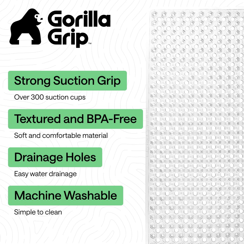 GORILLA GRIP Patented Bath Tub Shower Mat, Machine Washable Bathtub Floor Liner Mats, Suction Cups and Drain Holes to Keep Tubs Clean, Bathroom Essentials, 89x41 cm, Clear