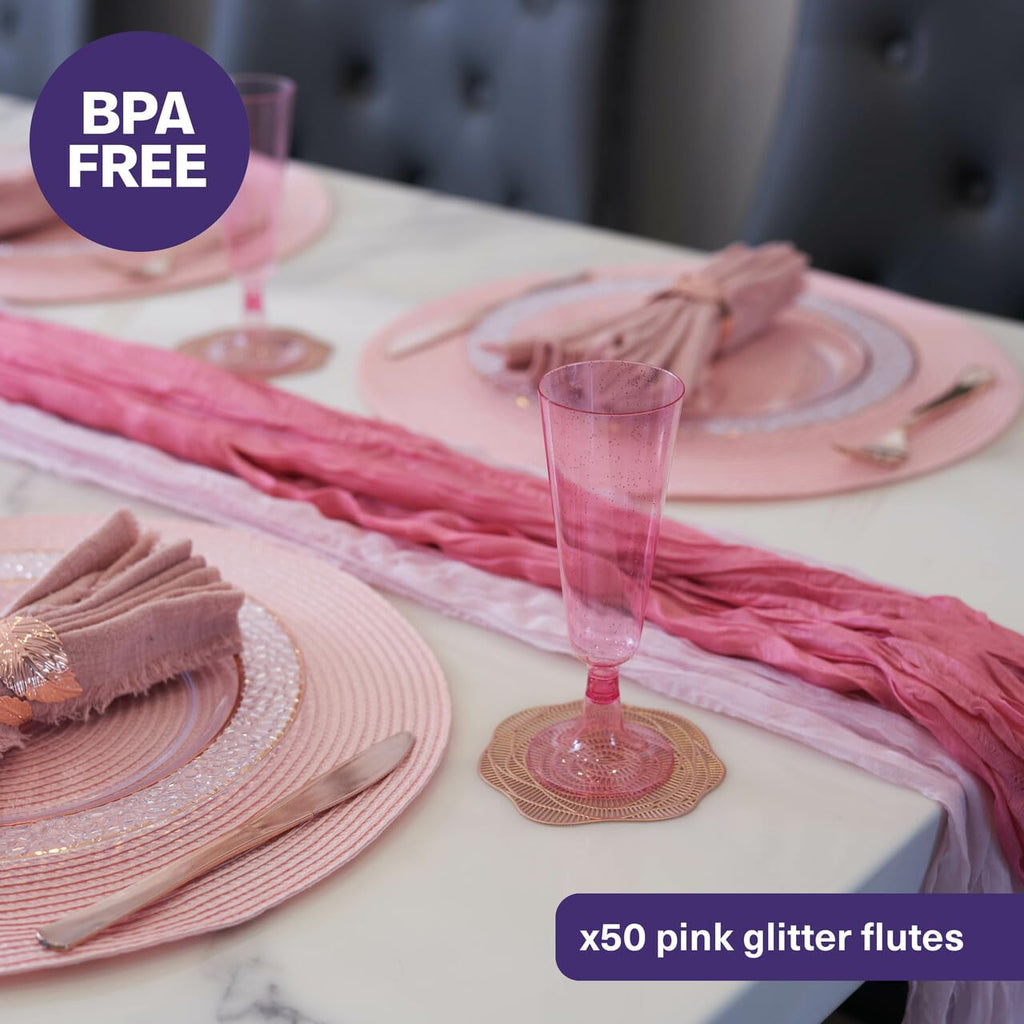 MATANA 50 Plastic Champagne Flutes Pink Glitter 5 oz/ 150ml - Reusable Champagne Glasses, Cocktail Glasses, Mimosa Glasses for Cocktails, Dessert, Wine - Toasting Glasses for Parties, Weddings