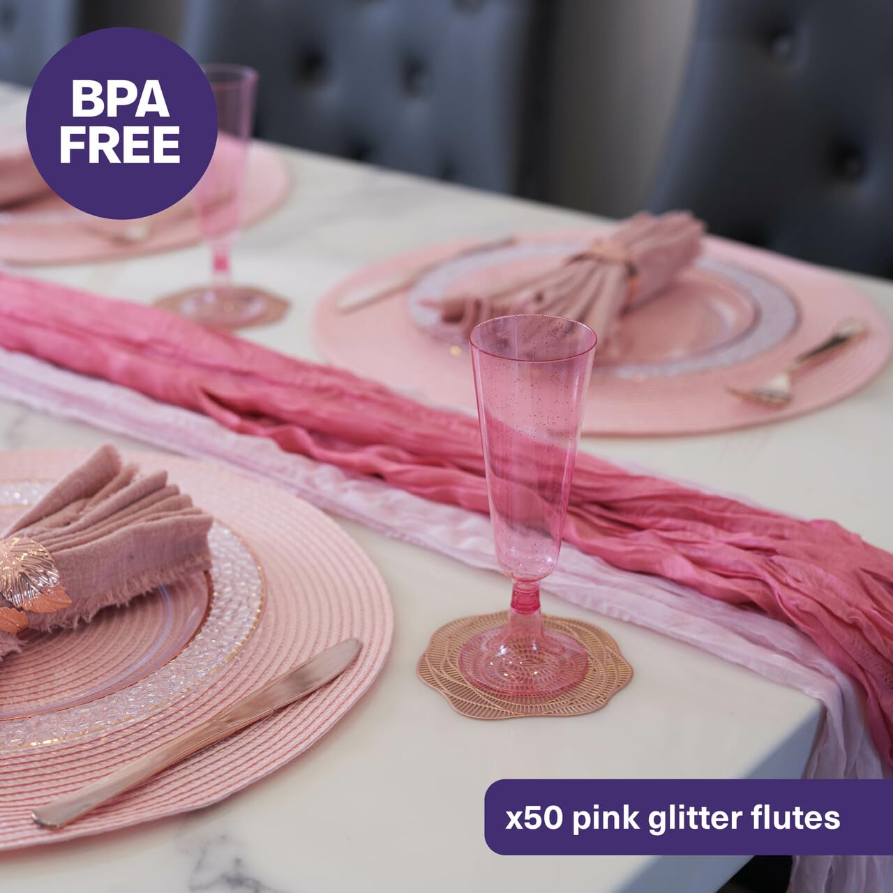 MATANA 50 Plastic Champagne Flutes Pink Glitter 5 oz/ 150ml - Reusable Champagne Glasses, Cocktail Glasses, Mimosa Glasses for Cocktails, Dessert, Wine - Toasting Glasses for Parties, Weddings