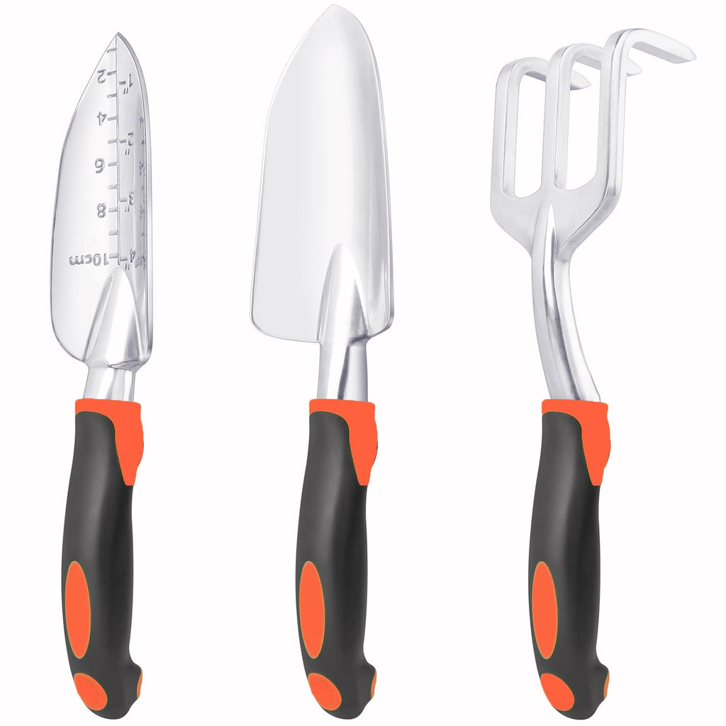 Garden Tools Set, 3 Pack Heavy Duty Gardening Tools Set Include Garden Shovel, Transplant Trowel and Hand Rake with Ergonomic Non-Slip Handle, Aluminum Alloy Lawn for Planting, Orange
