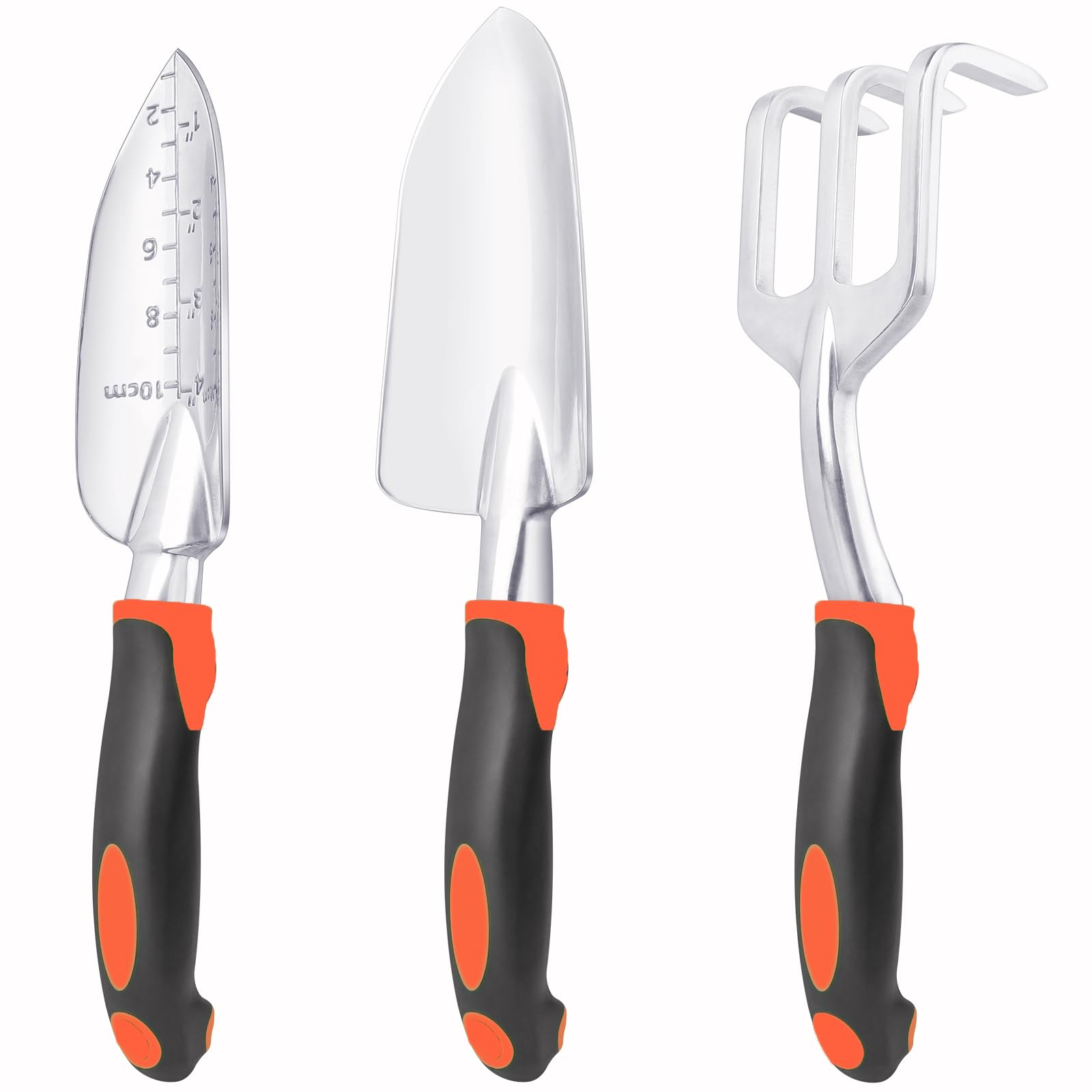 Garden Tools Set, 3 Pack Heavy Duty Gardening Tools Set Include Garden Shovel, Transplant Trowel and Hand Rake with Ergonomic Non-Slip Handle, Aluminum Alloy Lawn for Planting, Orange