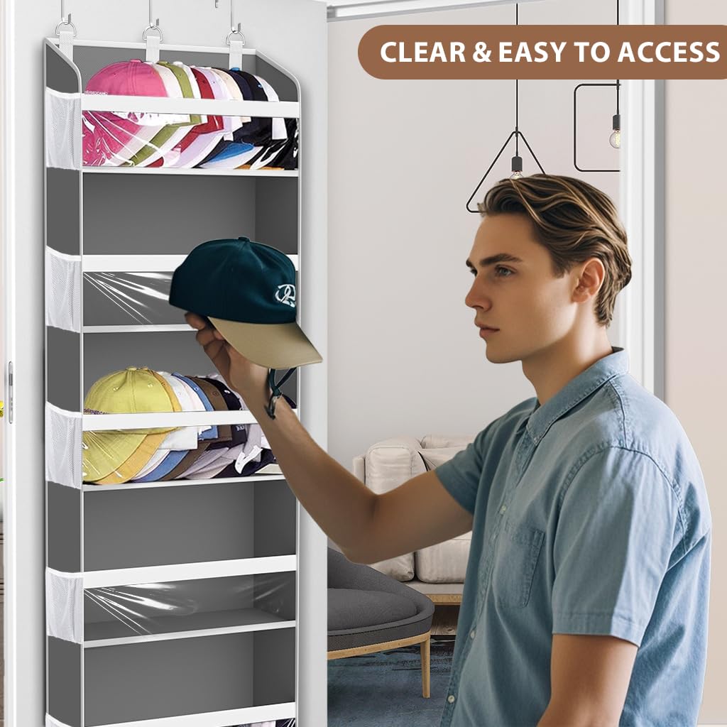 KYEVIS Over The Door Hat Rack for Baseball Caps, Hold up to 60 Hats Organizer Storage for Closet Wall, Clear Hanging Hat Holder with 10 Mesh Pockets