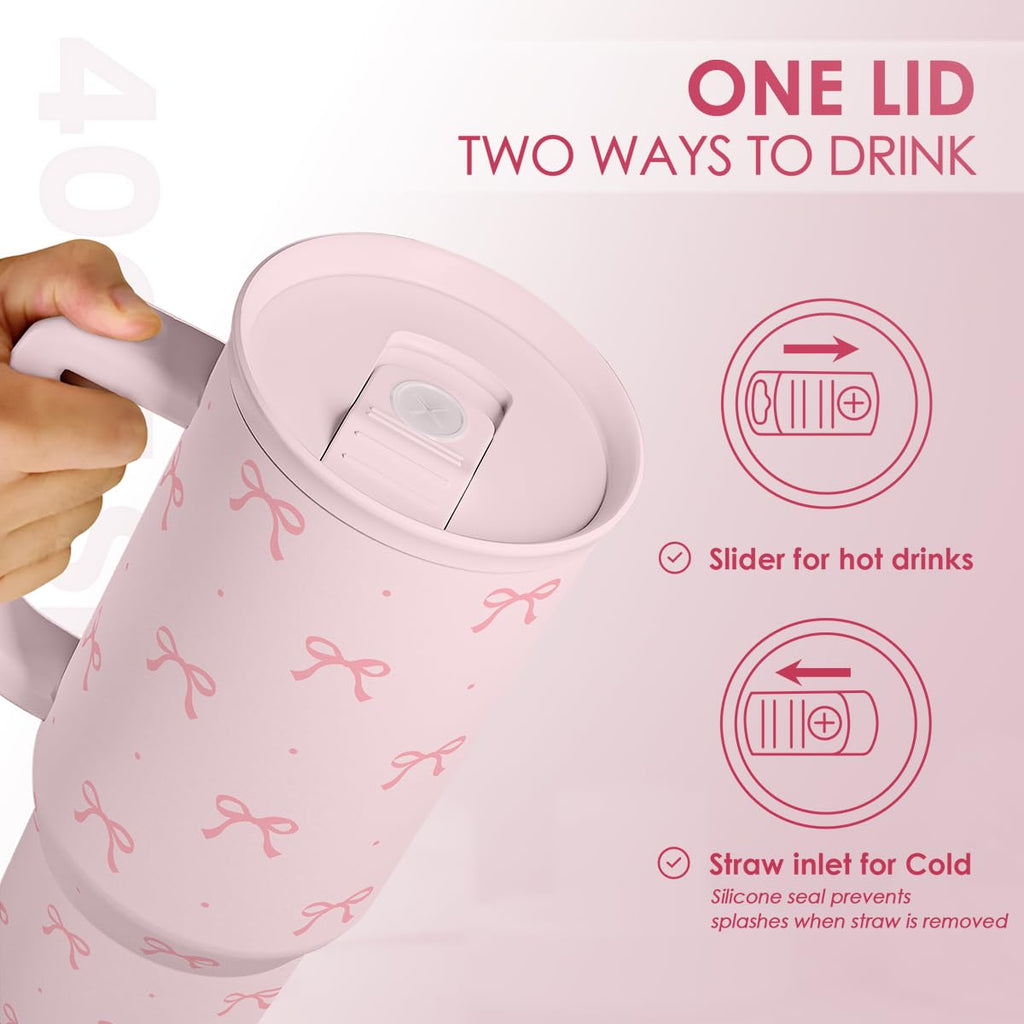 Gift for Women Girls - Coquette Bow Stainless Steel Tumbler with Handle, Travel Coffee Mug - Gifts for Birthday Christmas, 40oz