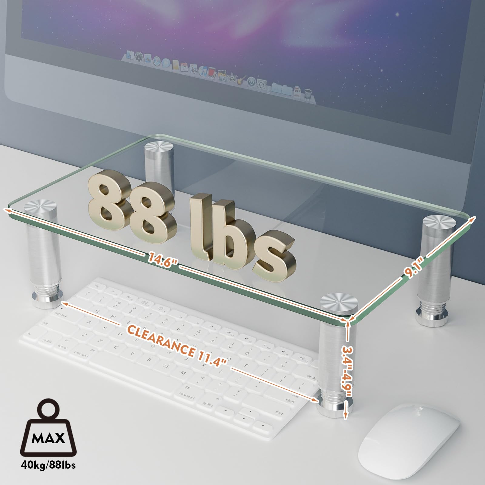 Clear Tempered Glass Computer Monitor Riser with Height Adjustable Multi Media Desktop Stand for Flat Screen LCD LED TV, Laptop/Notebook/Xbox One,HD01T-002