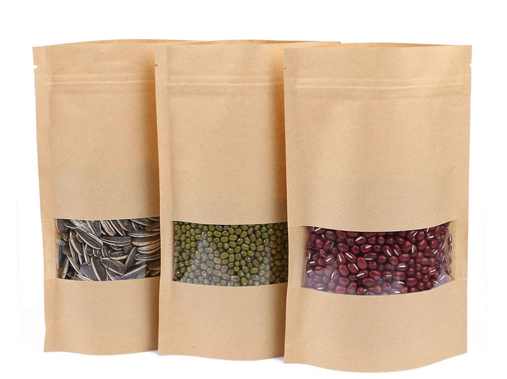 Kraft Zip Lock Stand Up Food Bags, Katfort 100pcs Kraft Bags Pouches with Window & Tear Notch, 7.8''×4.6'' Food Saver Food Storage Bags Paper Party Gift Favor Wrap for Candy, Coffee Beans Nuts